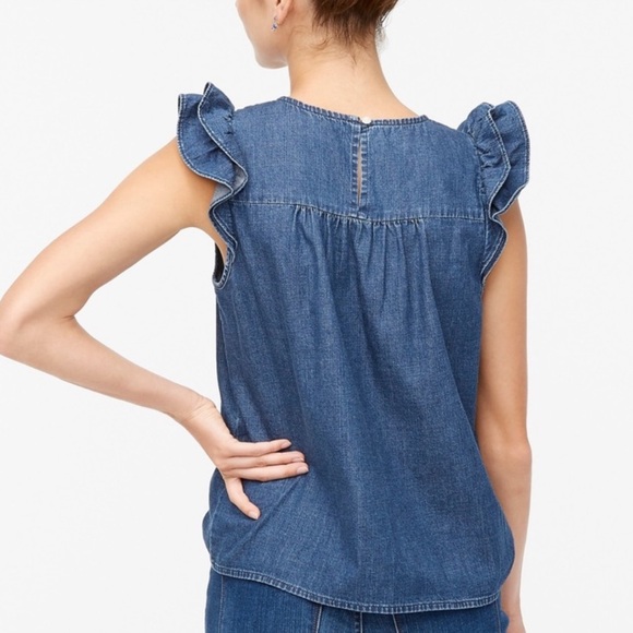 J. Crew Chambray Pleated Ruffle Sleeveless Top - Picture 3 of 7